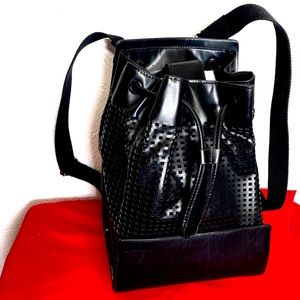Zara shiny black leather caged cut out backpack purse.